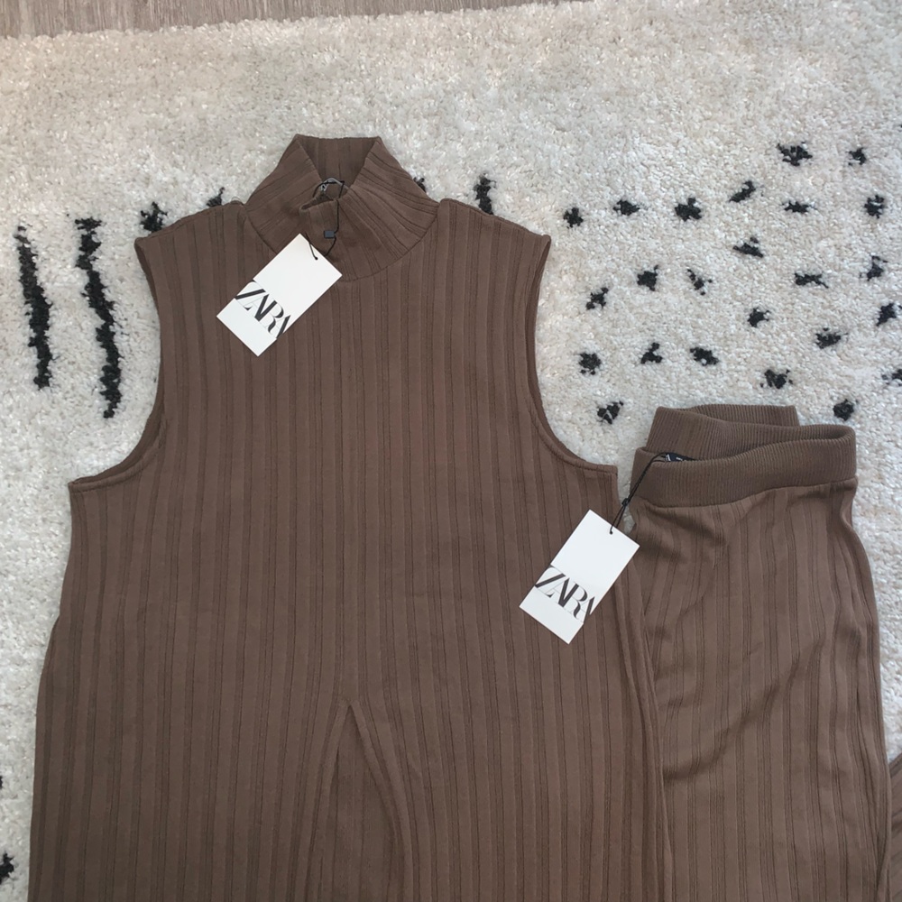 🆕 Zara 2-Piece Slit Ribbed Tunic & Flared Ribbed Pants Set SIZE Large - Picture 10 of 13